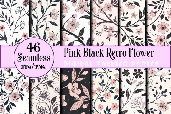 Download Seamless Pink Black Retro Flower Pattern - Retro flower pattern Collection