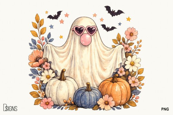 Download Cute Ghost Halloween Fall Flowers PNG - Fall Collection
