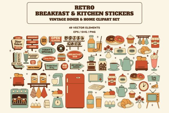 Download Retro Breakfast &amp; Kitchen Stickers - Kitchen Collection