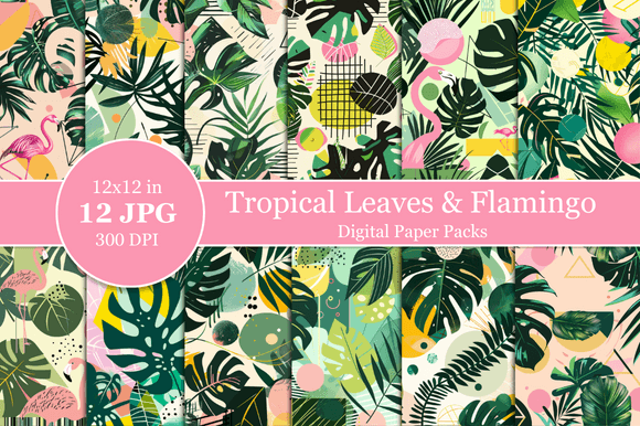 Download Tropical Leaves &amp; Flamingo Digital Paper - Flamingo digital paper Collection